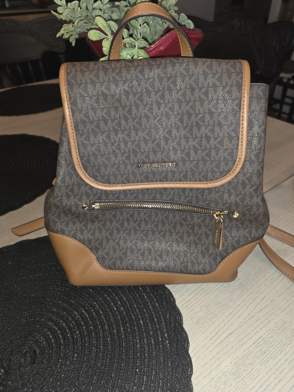 Michael Kors Brown Logo Canvas & Tan Leather Backpack